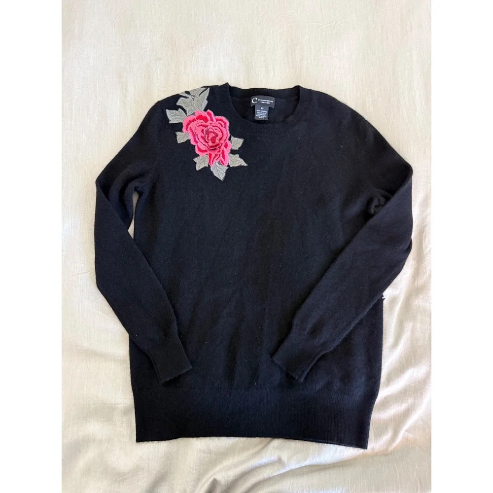 C by Bloomingdale's Black‎ Cashmere Rose Embroidered Sweater XS